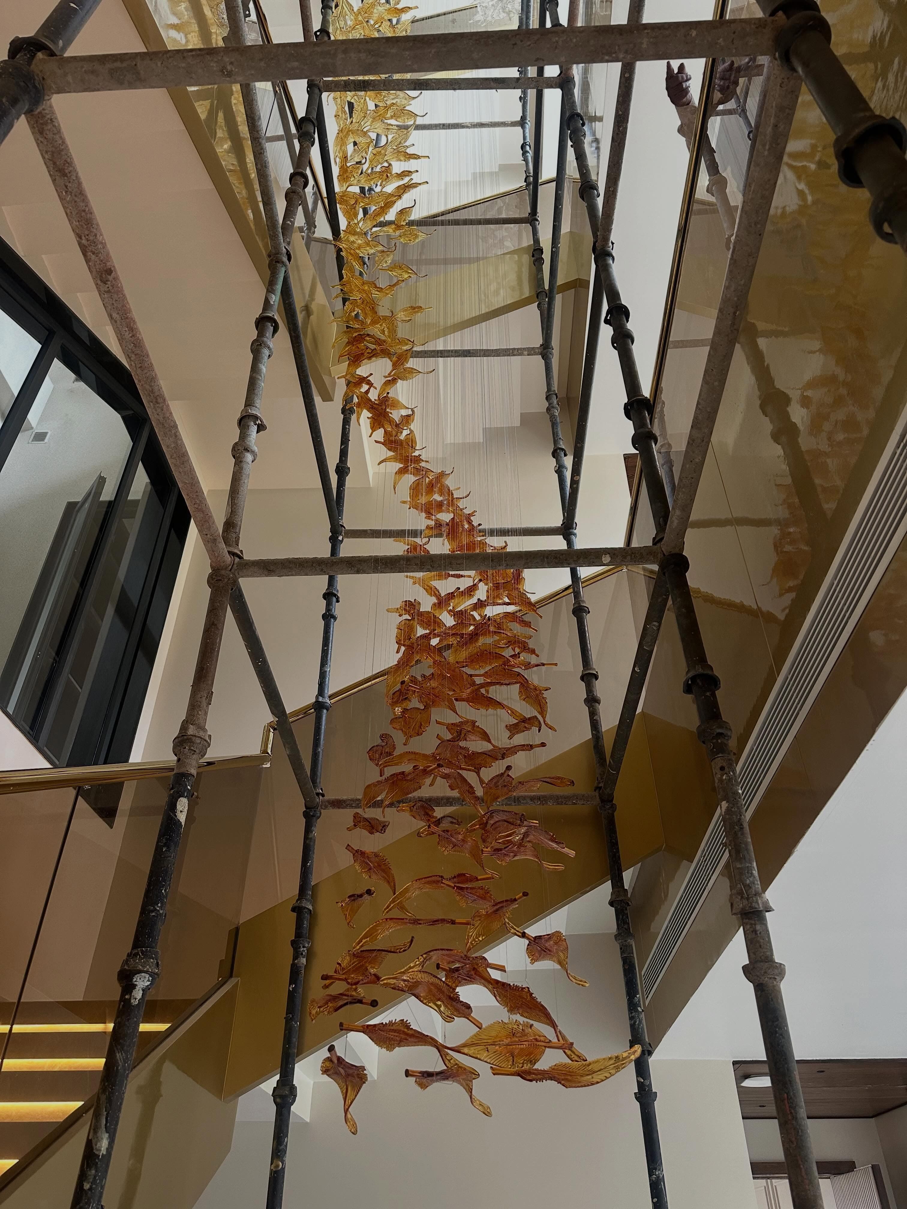 Amber glass-leaf chandelier being installed through scaffolding in the Clarks Safari stairwell