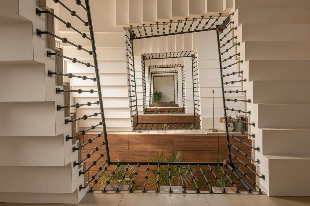 Stairwell at Clarks Safari — black steel balustrade and timber
